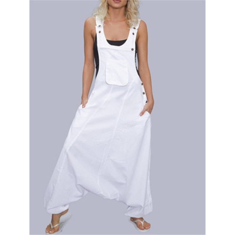 Drop-crotch Solid Color Button Pockets Jumpsuit