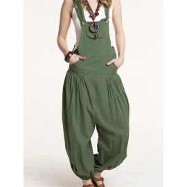 Drop-crotch Solid Color Button Pockets Pleated Jumpsuit