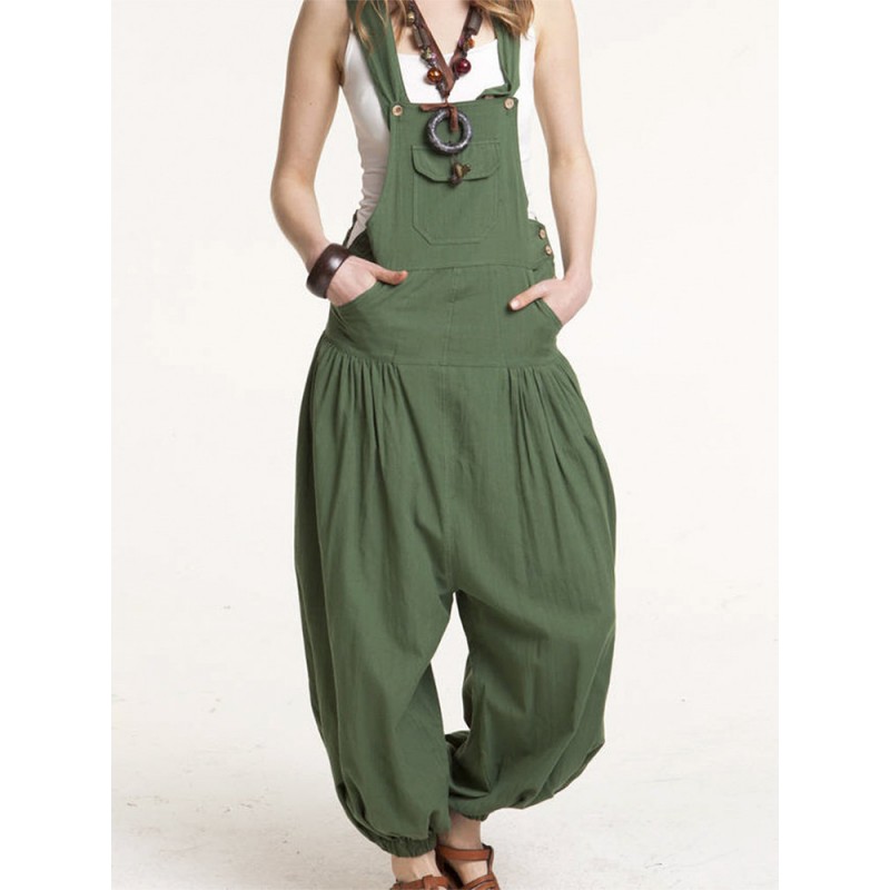 Drop-crotch Solid Color Button Pockets Pleated Jumpsuit