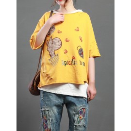 Cartoon Embroidery Print Short Sleeve Casual T-Shirt