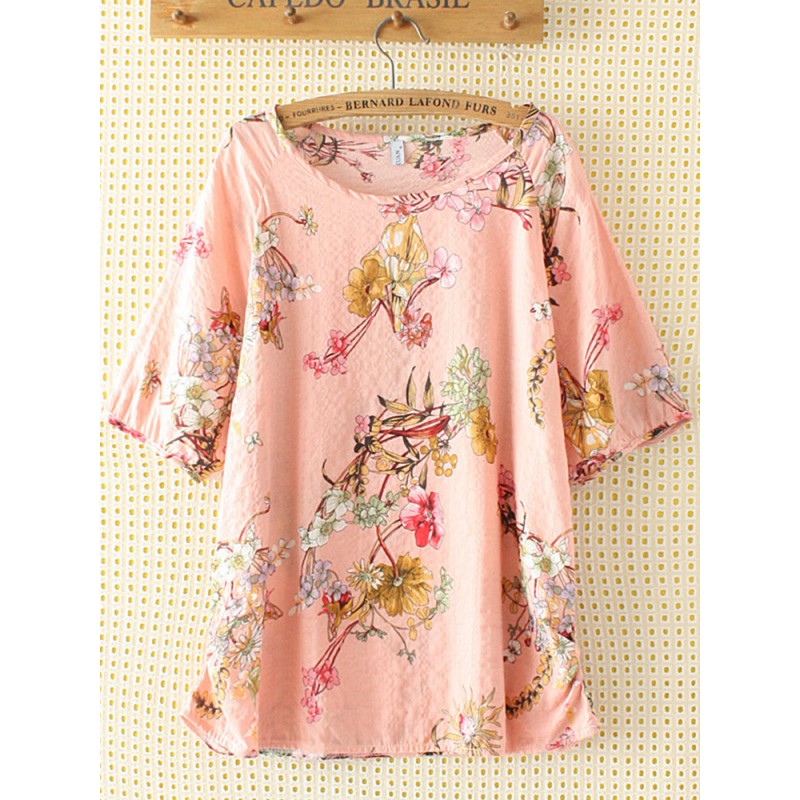 Casual Print Flower Crew Neck Short Sleeve T-Shirt