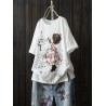 Cartoon Girl Print Embroidery Short Sleeve Casual Women T-shirt