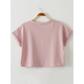 Casual Letters Printed O-neck Sleeve Crop T-shirt
