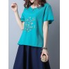 Casual Embroidered Frog Button Short Sleeve O-neck T-shirt For Women