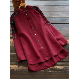 Vintage Embroidery Band Neck Button Long Sleeve Blouse
