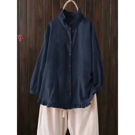 Casual Solid Color Ruffles Button Blouse