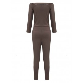 Off Shoulder Solid Long Sleeve Sexy Women  Bodycon Jumpsuit