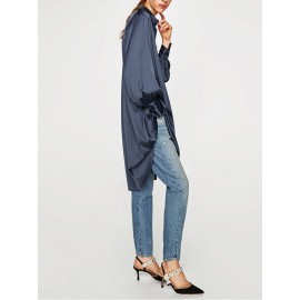 Long Sleeve Dark Blue Asymmetrical Casual Shirt Dresses