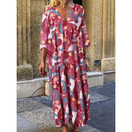 Ethnic Floral Print 3/4 Sleeve Maxi Dress For Women