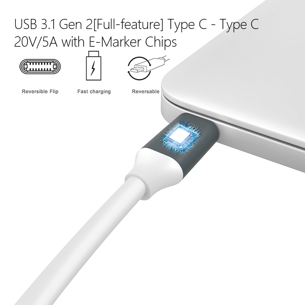 USB 3.1 USB-C Gen 2 E-Marker with 4K Video 20V/5A 85W PD 10 Gbps Data Cable- White 0.5M USB 3.1 USB-C Gen 2 E-Marker with 4K Video 20V/5A 85W PD 10 Gbps Data Cable- White 0.5M