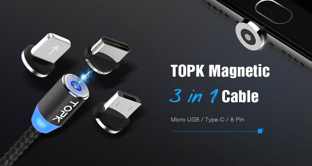 TOPK Nylon Magnetic 3 in 1 Micro USB / Type-C / 8 Pin Cable 100cm- Silver TOPK Nylon Magnetic 3 in 1 Micro USB / Type-C / 8 Pin Cable 100cm- Silver