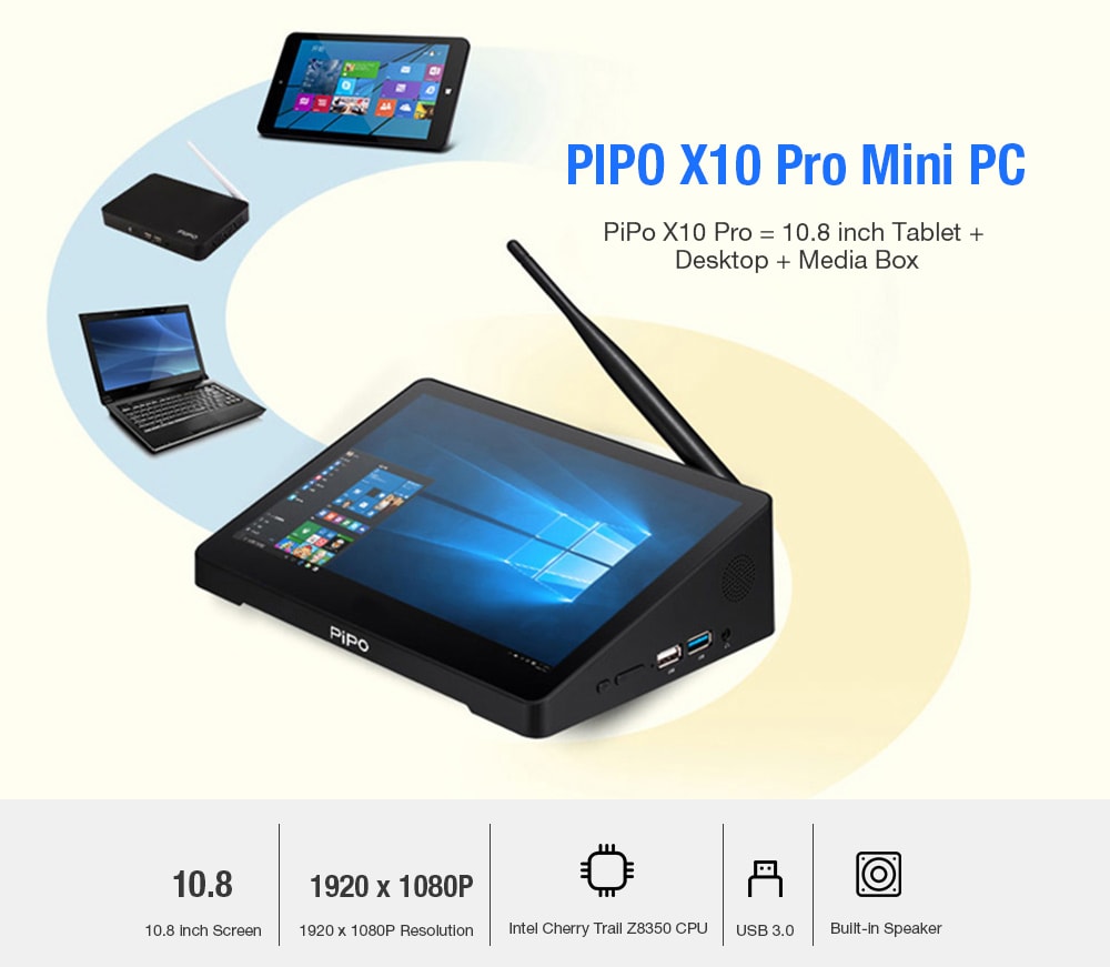PIPO X10 Pro 10.8 inch Mini PC 1920 x 12800 IPS Screen Intel Cherry Trail Z8350 Intel HD Graphics 400 2GB DDR3 + 32GB ROM 2.4GHz WiFi 1000Mbps USB3.0 BT4.0 Windows10 Support 4K- Black EU Plug PIPO X10 Pro 10.8 inch Mini PC 1920 x 12800 IPS Screen Intel Cherry Trail Z8350 Intel HD Graphics 400 2GB DDR3 + 32GB ROM 2.4GHz WiFi 1000Mbps USB3.0 BT4.0 Windows10 Support 4K- Black EU Plug