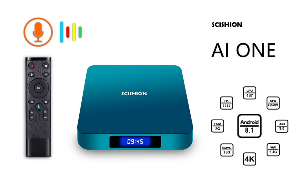 SCISHION AI ONE Android 8.1 TV Box Rockchip 3328 2GB RAM + 16GB ROM 2.4G WiFi USB3.0 BT4.0 Voice Control- Glacial Blue Ice 2GB RAM +16GB ROM US Plug SCISHION AI ONE Android 8.1 TV Box Rockchip 3328 2GB RAM + 16GB ROM 2.4G WiFi USB3.0 BT4.0 Voice Control- Glacial Blue Ice 2GB RAM +16GB ROM US Plug