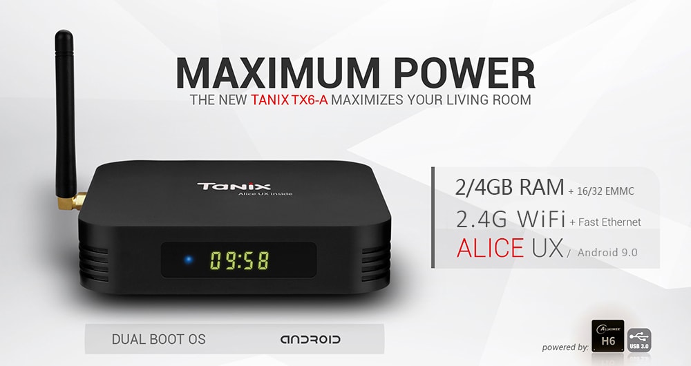Tanix TX6 - A TV Box Allwinner H6 / Dual-antenna / Android 9.0 / USB3.0 + 2 x USB 2.0 / 2.4G WiFi / Support 6K H.265- Black 2GB RAM + 16GB ROM EU Plug Tanix TX6 - A TV Box Allwinner H6 / Dual-antenna / Android 9.0 / USB3.0 + 2 x USB 2.0 / 2.4G WiFi / Support 6K H.265- Black 2GB RAM + 16GB ROM EU Plug