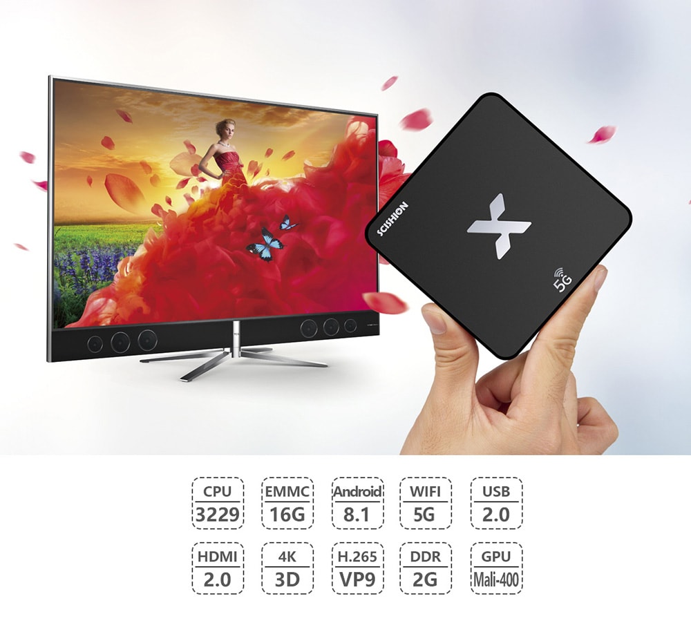 SCISHION Model X TV Box Rockchip3229 Android 8.1 2GB RAM + 16GB ROM 5G WiFi 100Mbps Support 4K H.265- Black US Plug SCISHION Model X TV Box Rockchip3229 Android 8.1 2GB RAM + 16GB ROM 5G WiFi 100Mbps Support 4K H.265- Black US Plug