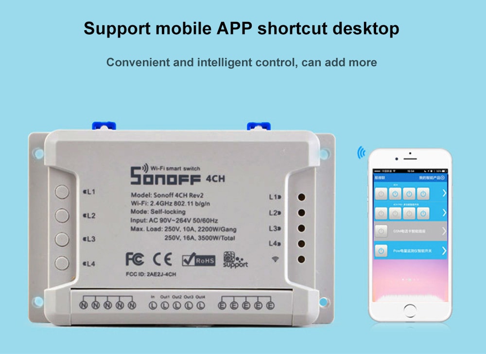 SONOFF 4CH R2 Inching Self-locking Mobile Phone Remote Control Timing Multi-channel Intelligent Switch- White SONOFF 4CH R2 Inching Self-locking Mobile Phone Remote Control Timing Multi-channel Intelligent Switch- White