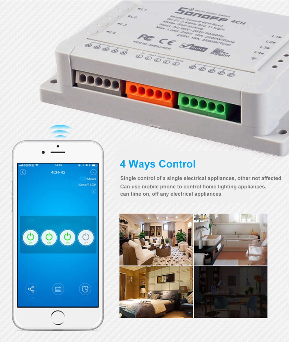 SONOFF 4CH R2 Inching Self-locking Mobile Phone Remote Control Timing Multi-channel Intelligent Switch- White SONOFF 4CH R2 Inching Self-locking Mobile Phone Remote Control Timing Multi-channel Intelligent Switch- White