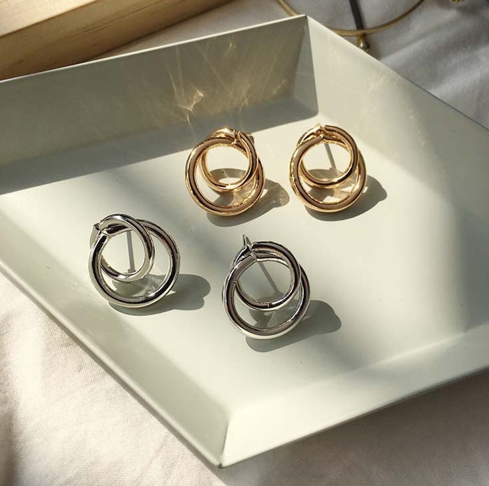 Simple Double Hoop Metal Stud Earrings- Golden Simple Double Hoop Metal Stud Earrings- Golden