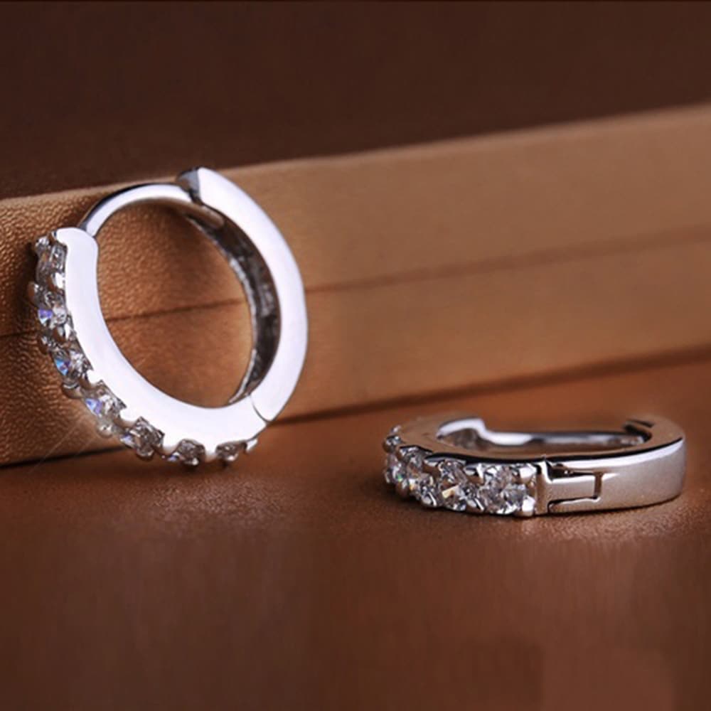 Sterling Silver White Paved Crystal Hoop Earrings- Silver Sterling Silver White Paved Crystal Hoop Earrings- Silver
