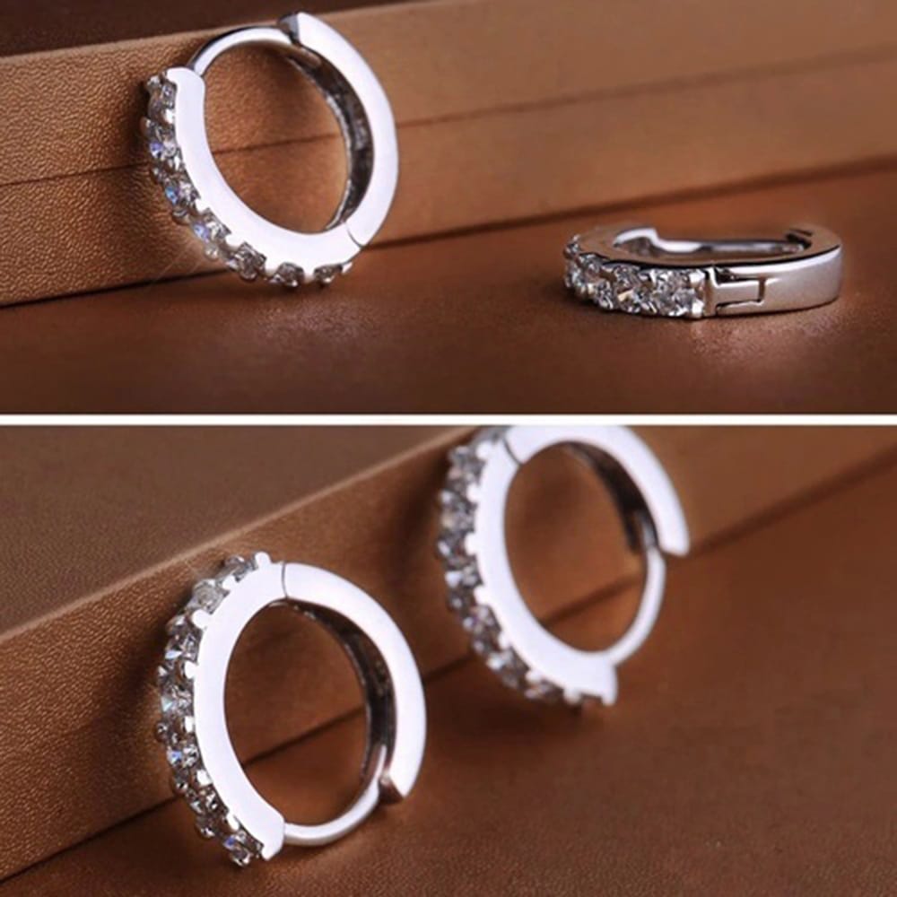 Sterling Silver White Paved Crystal Hoop Earrings- Silver Sterling Silver White Paved Crystal Hoop Earrings- Silver