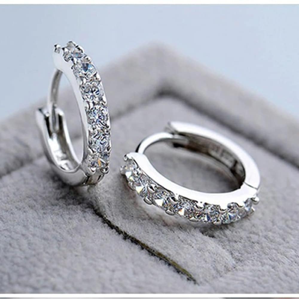 Sterling Silver White Paved Crystal Hoop Earrings- Silver Sterling Silver White Paved Crystal Hoop Earrings- Silver