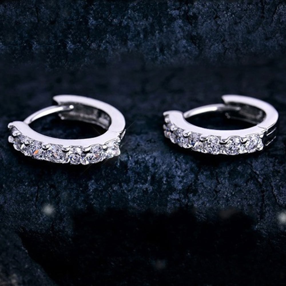 Sterling Silver White Paved Crystal Hoop Earrings- Silver Sterling Silver White Paved Crystal Hoop Earrings- Silver