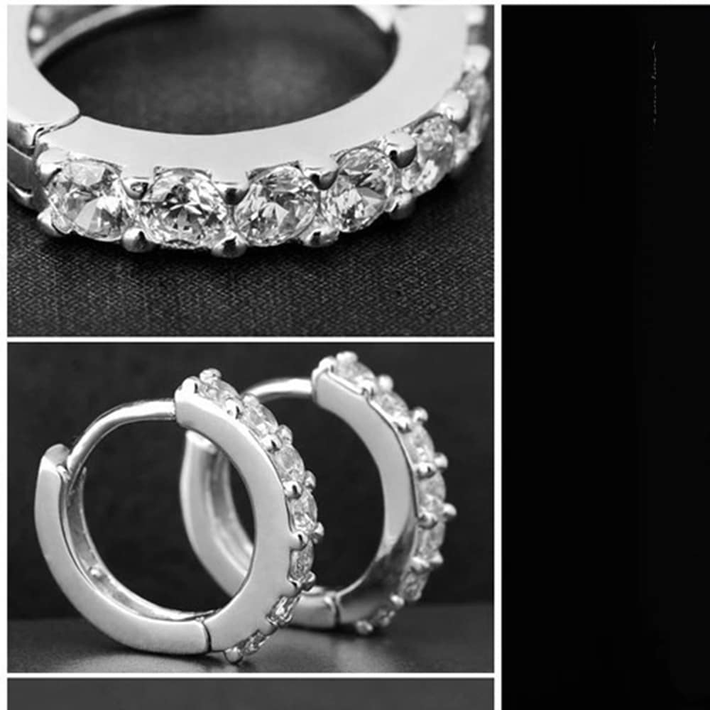 Sterling Silver White Paved Crystal Hoop Earrings- Silver Sterling Silver White Paved Crystal Hoop Earrings- Silver