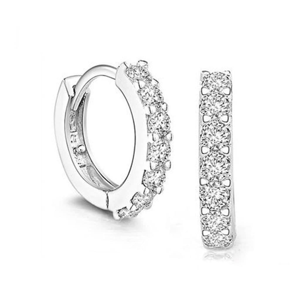 Sterling Silver White Paved Crystal Hoop Earrings- Silver Sterling Silver White Paved Crystal Hoop Earrings- Silver