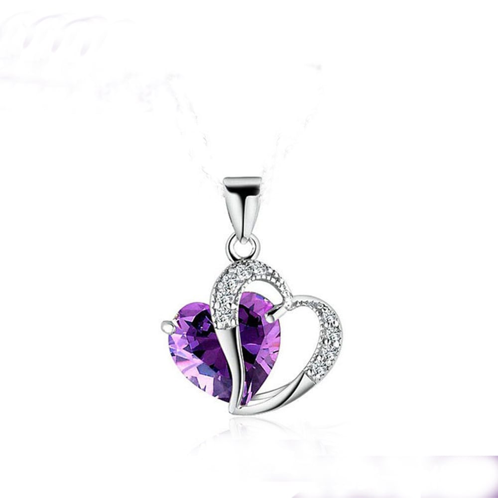 Sterling Silver Faux Crystal Gemstone Amethyst Heart Pendant Necklace - Purple Sterling Silver Faux Crystal Gemstone Amethyst Heart Pendant Necklace - Purple