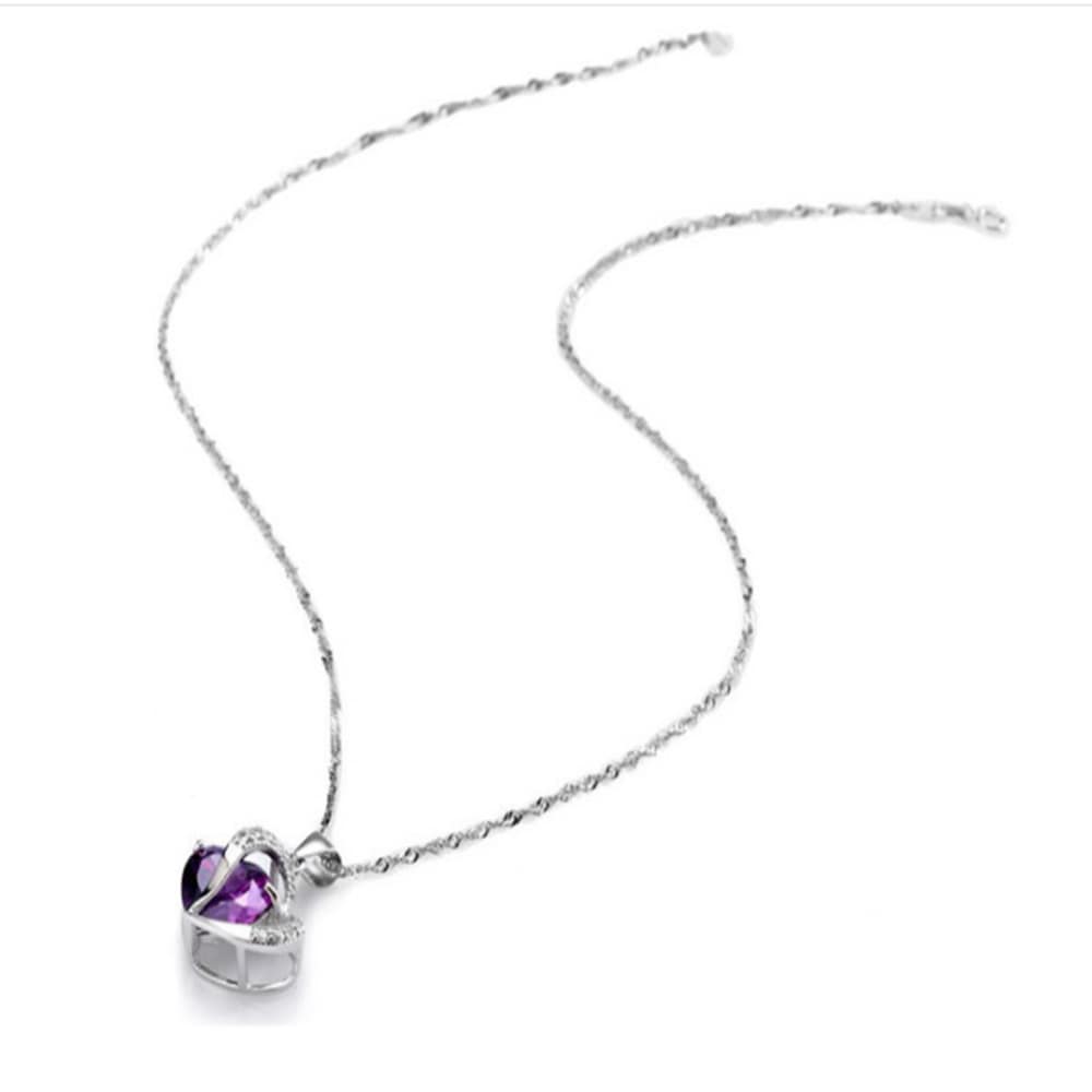 Sterling Silver Faux Crystal Gemstone Amethyst Heart Pendant Necklace - Purple Sterling Silver Faux Crystal Gemstone Amethyst Heart Pendant Necklace - Purple