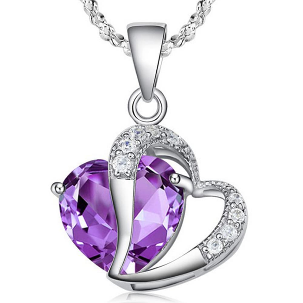Sterling Silver Faux Crystal Gemstone Amethyst Heart Pendant Necklace - Purple Sterling Silver Faux Crystal Gemstone Amethyst Heart Pendant Necklace - Purple