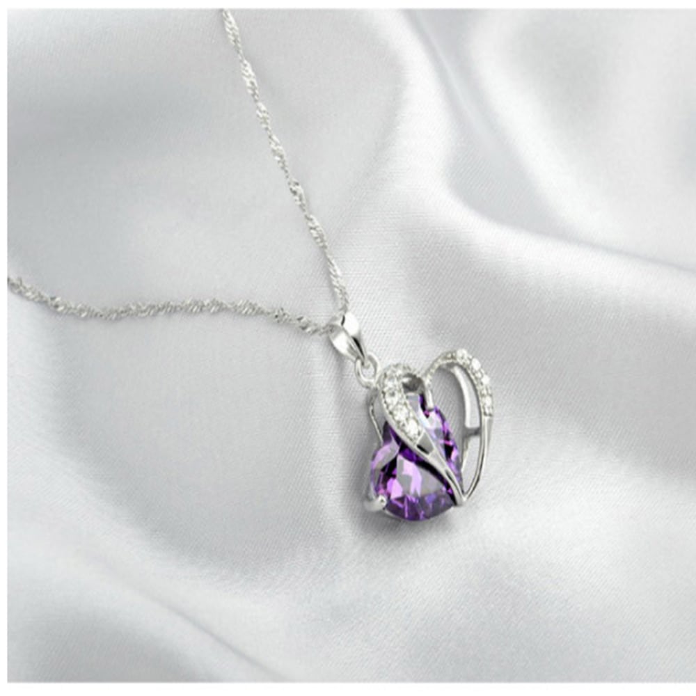 Sterling Silver Faux Crystal Gemstone Amethyst Heart Pendant Necklace - Purple Sterling Silver Faux Crystal Gemstone Amethyst Heart Pendant Necklace - Purple