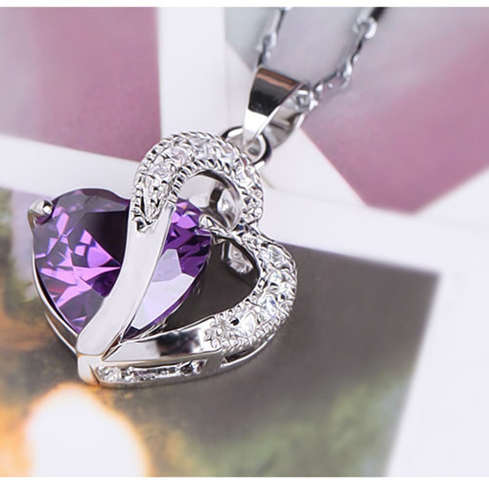 Sterling Silver Faux Crystal Gemstone Amethyst Heart Pendant Necklace - Purple Sterling Silver Faux Crystal Gemstone Amethyst Heart Pendant Necklace - Purple