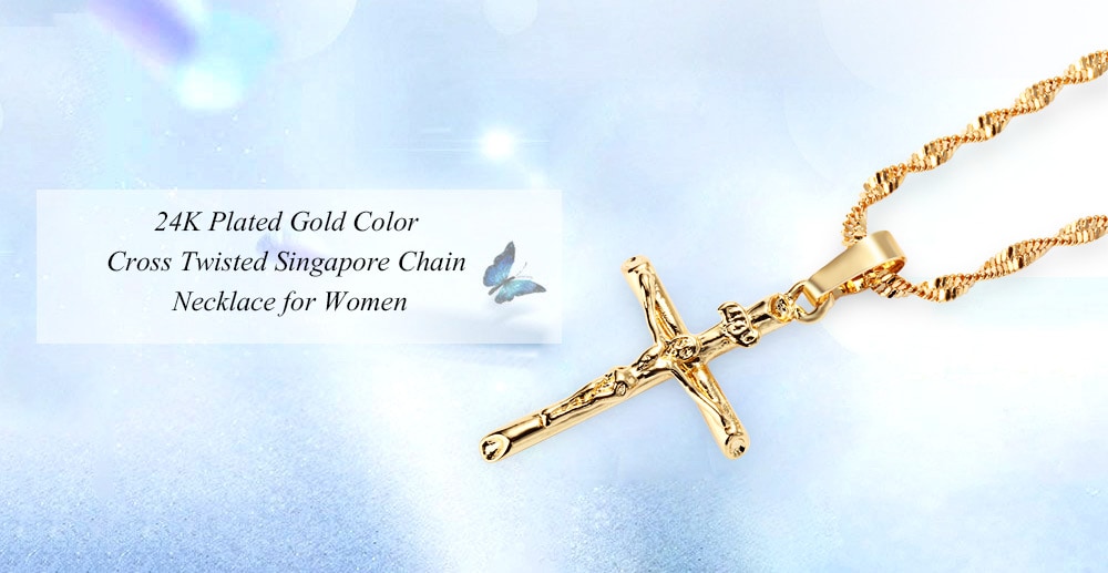 Stylish 24K Plated Gold Color Christian Cross Twisted Singapore Chain Necklace for Men- Golden Stylish 24K Plated Gold Color Christian Cross Twisted Singapore Chain Necklace for Men- Golden
