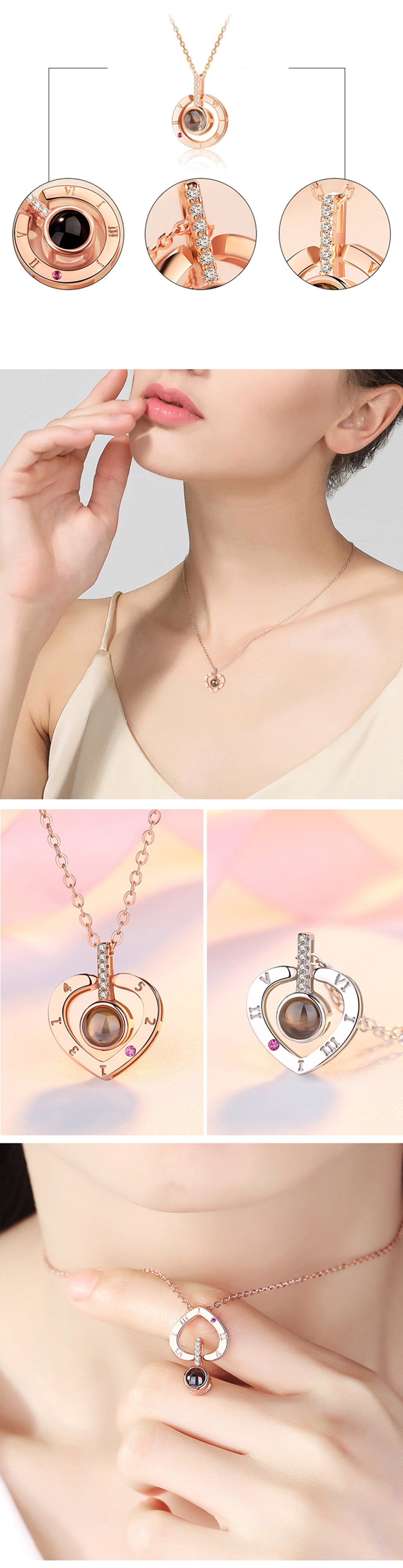 Projection 100 Languages I Love You Charm Pendant Necklace Women Lover Gift- Rose Gold Projection 100 Languages I Love You Charm Pendant Necklace Women Lover Gift- Rose Gold