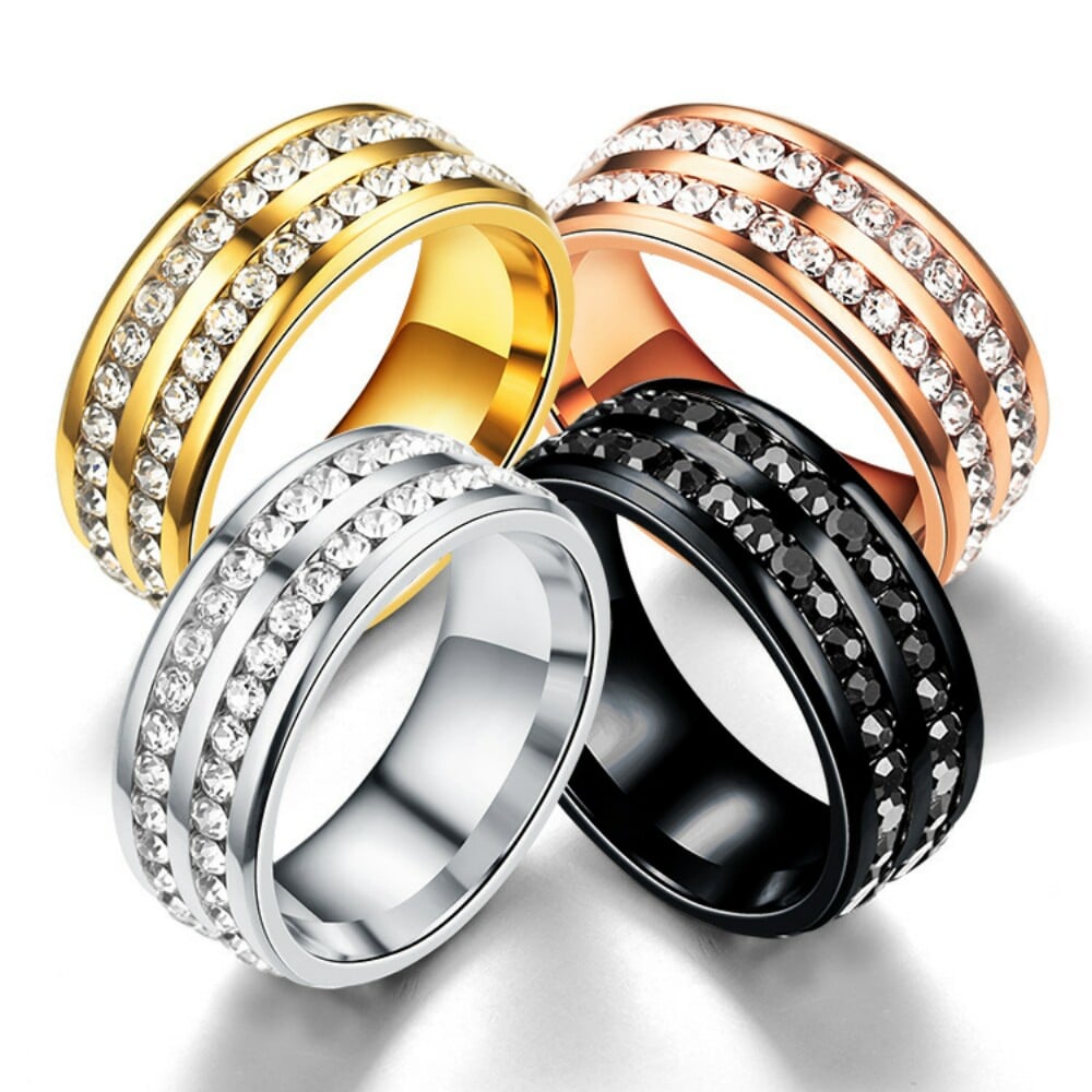 Womens Mens Fashion Double Rows Rhinestones Titanium Steel Wedding Jewelry Ring- Gunmetal US 13 Womens Mens Fashion Double Rows Rhinestones Titanium Steel Wedding Jewelry Ring- Gunmetal US 13
