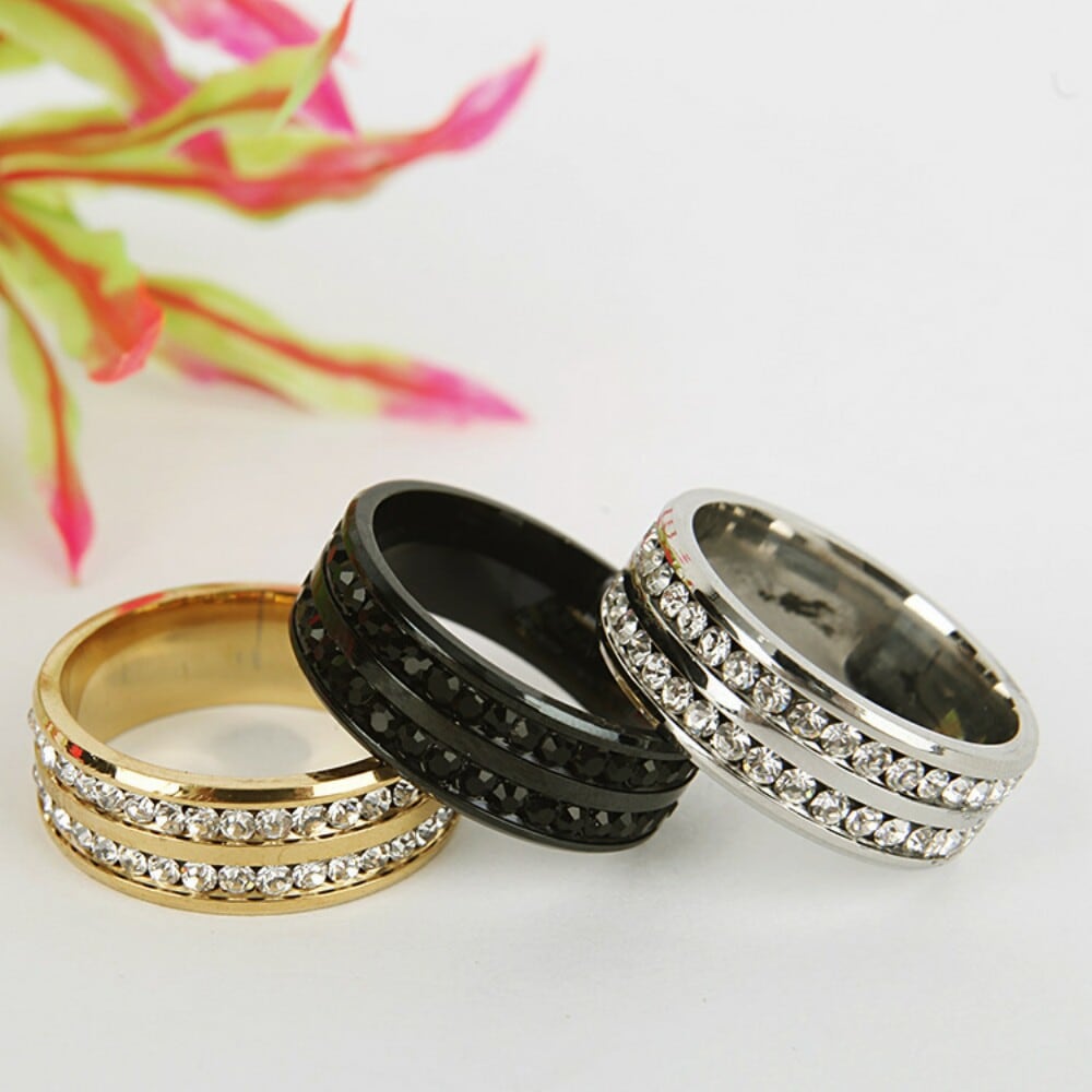 Womens Mens Fashion Double Rows Rhinestones Titanium Steel Wedding Jewelry Ring- Gunmetal US 13 Womens Mens Fashion Double Rows Rhinestones Titanium Steel Wedding Jewelry Ring- Gunmetal US 13