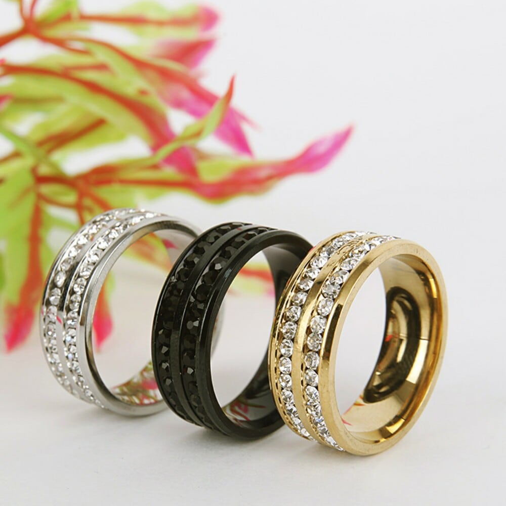 Womens Mens Fashion Double Rows Rhinestones Titanium Steel Wedding Jewelry Ring- Gunmetal US 13 Womens Mens Fashion Double Rows Rhinestones Titanium Steel Wedding Jewelry Ring- Gunmetal US 13