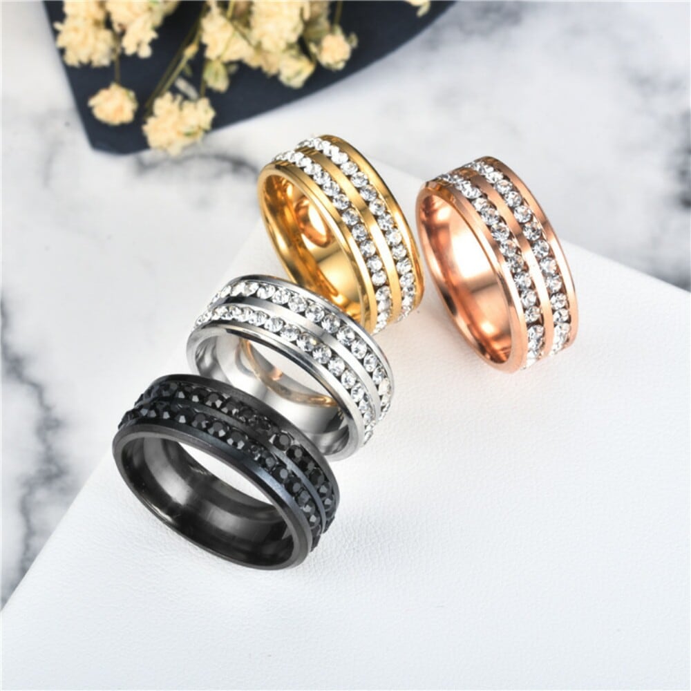 Womens Mens Fashion Double Rows Rhinestones Titanium Steel Wedding Jewelry Ring- Gunmetal US 13 Womens Mens Fashion Double Rows Rhinestones Titanium Steel Wedding Jewelry Ring- Gunmetal US 13