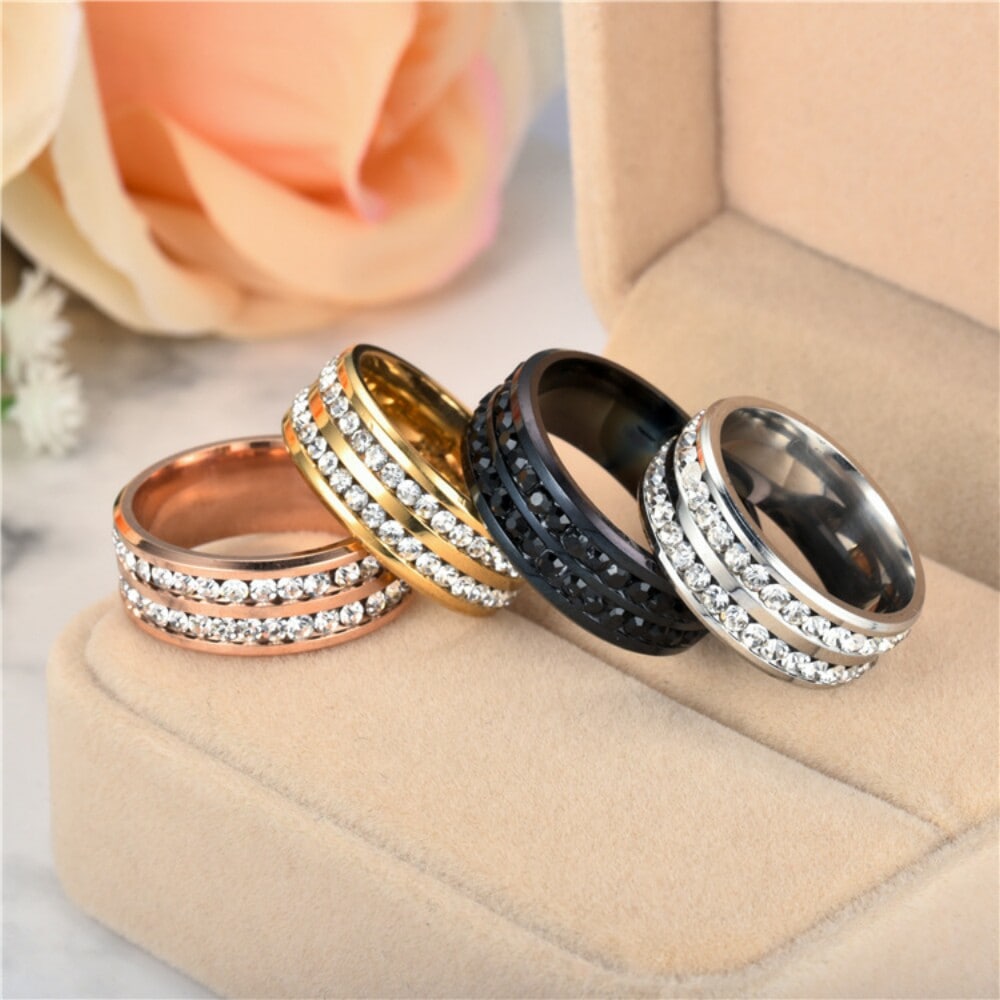 Womens Mens Fashion Double Rows Rhinestones Titanium Steel Wedding Jewelry Ring- Gunmetal US 13 Womens Mens Fashion Double Rows Rhinestones Titanium Steel Wedding Jewelry Ring- Gunmetal US 13