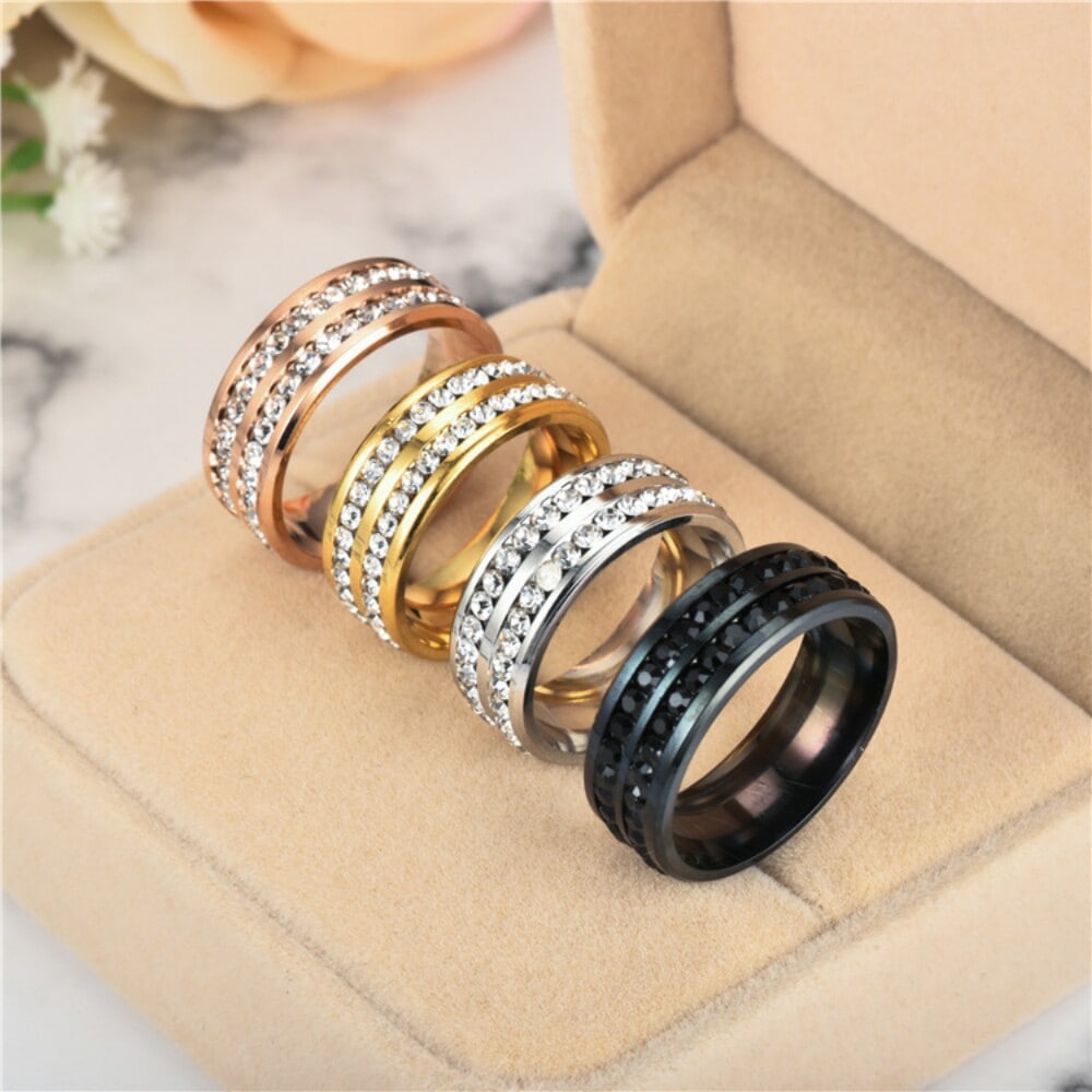 Womens Mens Fashion Double Rows Rhinestones Titanium Steel Wedding Jewelry Ring- Gunmetal US 13 Womens Mens Fashion Double Rows Rhinestones Titanium Steel Wedding Jewelry Ring- Gunmetal US 13