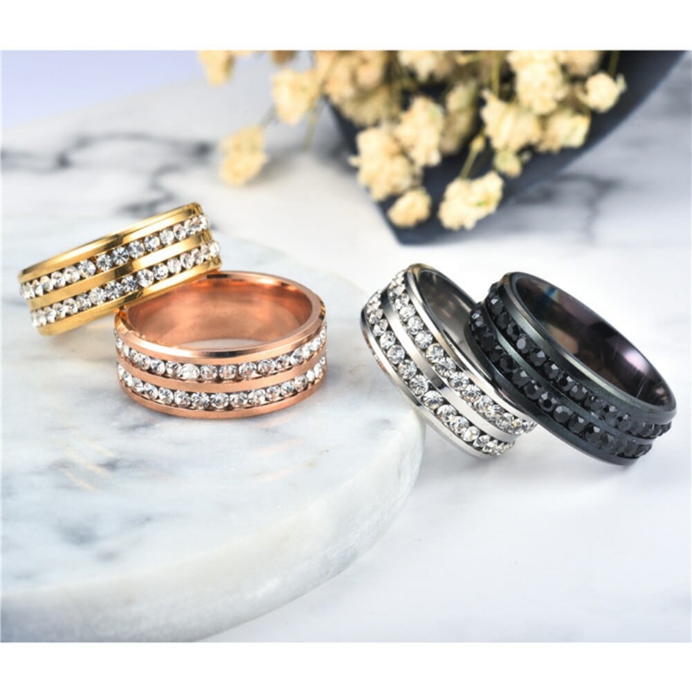 Womens Mens Fashion Double Rows Rhinestones Titanium Steel Wedding Jewelry Ring- Gunmetal US 13 Womens Mens Fashion Double Rows Rhinestones Titanium Steel Wedding Jewelry Ring- Gunmetal US 13