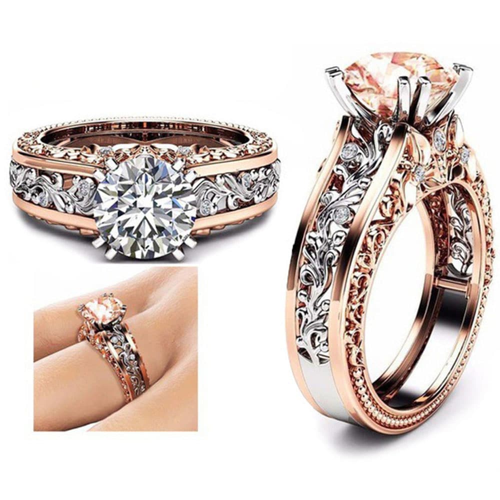 Rose White Gold Plated Silver Round Cut Champagne White Topaz Engagement Ring- Ruby Red US 6 Rose White Gold Plated Silver Round Cut Champagne White Topaz Engagement Ring- Ruby Red US 6