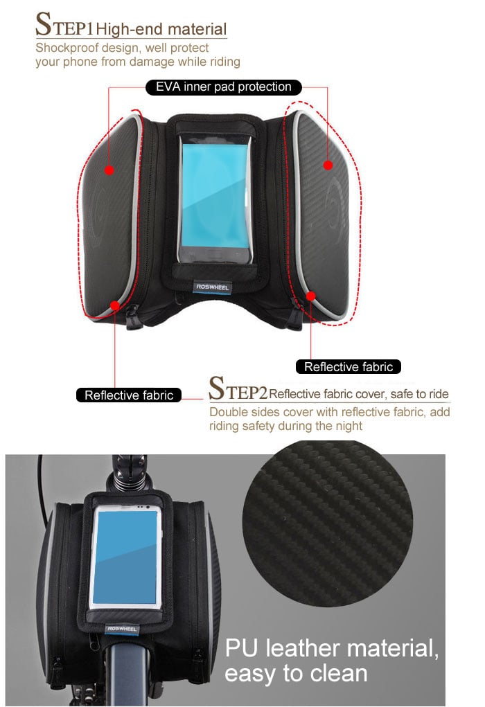 Roswheel Shockproof Mountain Bike Front Frame Tube Saddle Bag with Dual Pouch for 4.7 inch Cellhone- Black Size L Roswheel Shockproof Mountain Bike Front Frame Tube Saddle Bag with Dual Pouch for 4.7 inch Cellhone- Black Size L