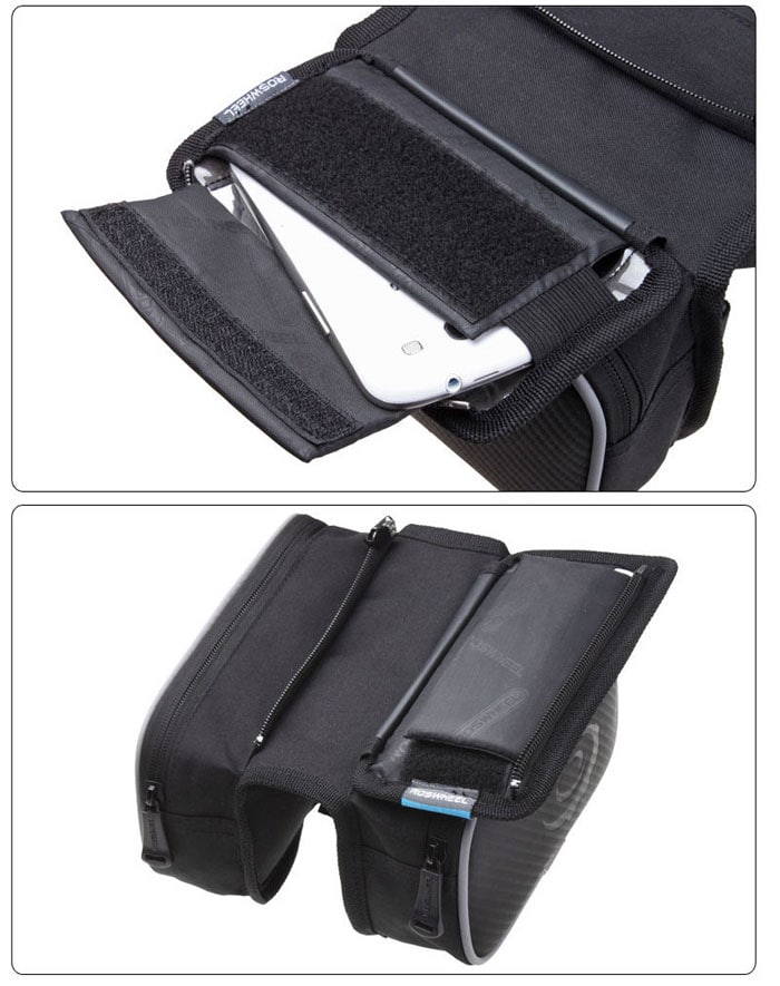 Roswheel Shockproof Mountain Bike Front Frame Tube Saddle Bag with Dual Pouch for 4.7 inch Cellhone- Black Size L Roswheel Shockproof Mountain Bike Front Frame Tube Saddle Bag with Dual Pouch for 4.7 inch Cellhone- Black Size L