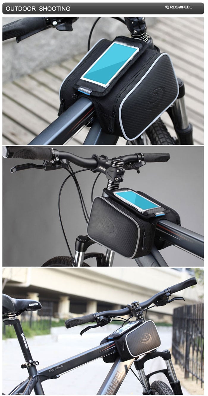 Roswheel Shockproof Mountain Bike Front Frame Tube Saddle Bag with Dual Pouch for 4.7 inch Cellhone- Black Size L Roswheel Shockproof Mountain Bike Front Frame Tube Saddle Bag with Dual Pouch for 4.7 inch Cellhone- Black Size L