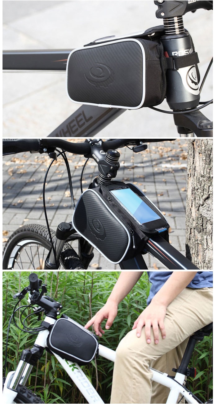 Roswheel Shockproof Mountain Bike Front Frame Tube Saddle Bag with Dual Pouch for 4.7 inch Cellhone- Black Size L Roswheel Shockproof Mountain Bike Front Frame Tube Saddle Bag with Dual Pouch for 4.7 inch Cellhone- Black Size L