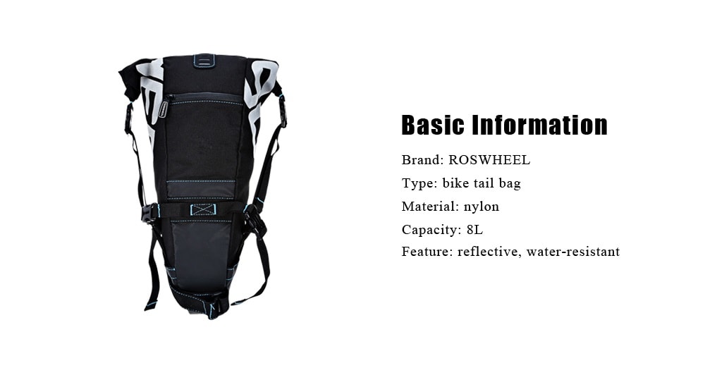 ROSWHEEL 131414 Water-resistant 8L Bicycle Tail Bag Saddle Tube Pouch- Black ROSWHEEL 131414 Water-resistant 8L Bicycle Tail Bag Saddle Tube Pouch- Black