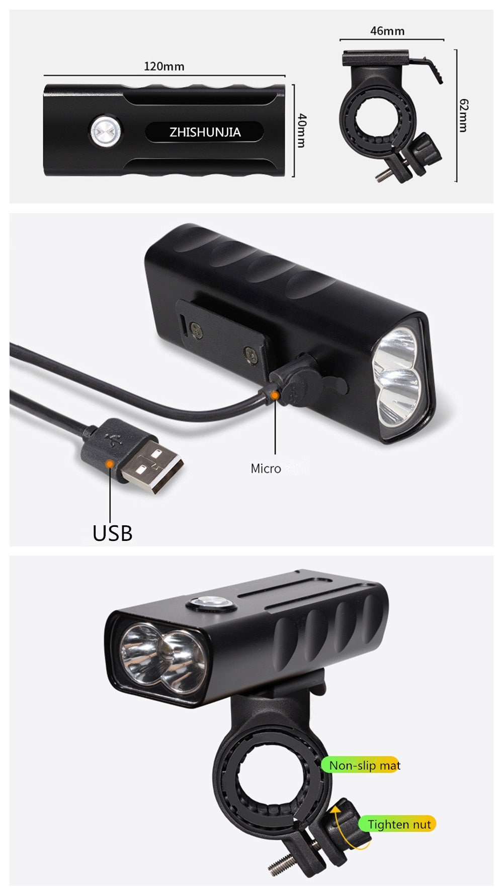 ZHISZHISHUNJIA BX2 1600lm 3-Mode LED Flashlight USB Rechargeable Bicycle Lamp- Black ZHISZHISHUNJIA BX2 1600lm 3-Mode LED Flashlight USB Rechargeable Bicycle Lamp- Black