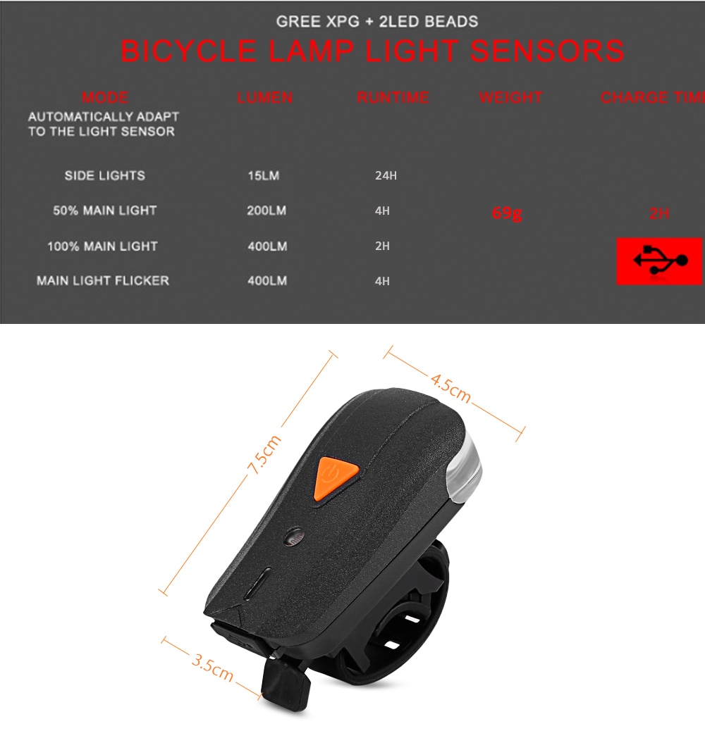 USB Rechargeable Bike Light Set Water Resistance Splash-proof Ultra Bright 400 Lumens Sensor Bicycle Lamp - Black USB Rechargeable Bike Light Set Water Resistance Splash-proof Ultra Bright 400 Lumens Sensor Bicycle Lamp - Black